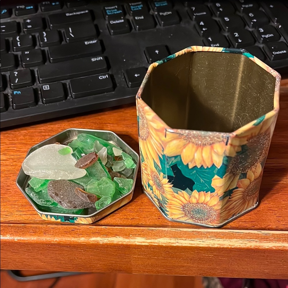 Vintage tiny Sunflower Tin with Sea Glass
